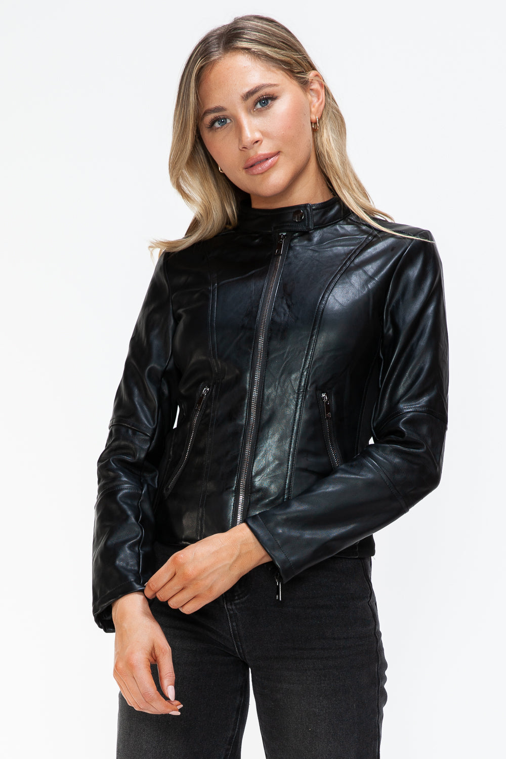 Snobbish Faux Leather Zip Up Drawstring Hooded Jacket 15937 | Gulf Resellers