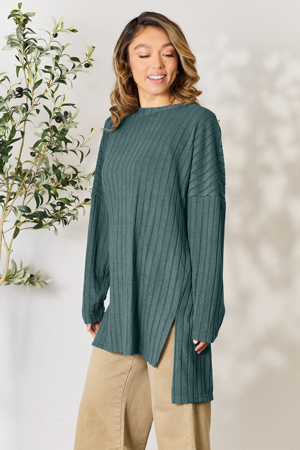 Basic Bae Full Size Ribbed Round Neck Long Sleeve Slit Top | Gulf Resellers