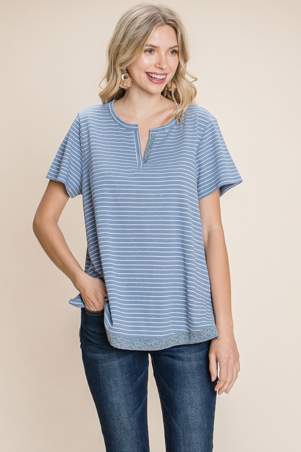 Cotton Bleu by Nu Lab Slit Striped Notched Short Sleeve T-Shirt 7319 | Gulf Resellers