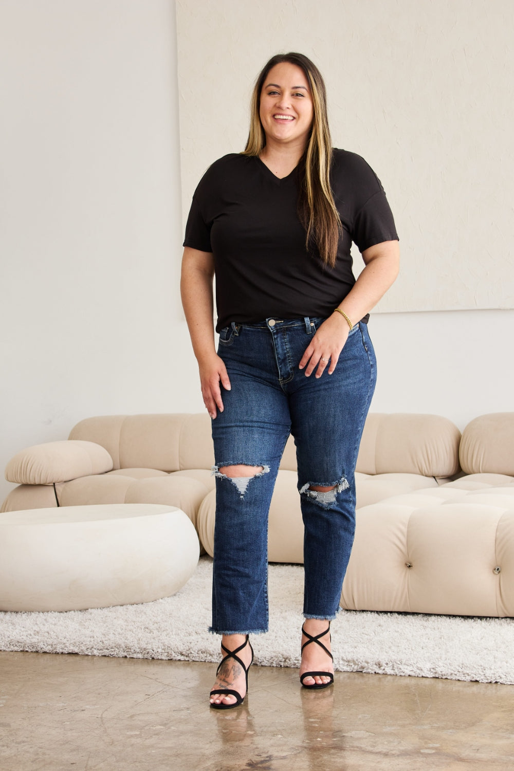 RFM Crop Dylan Full Size Tummy Control Distressed High Waist Raw Hem Jeans 4922 | Gulf Resellers