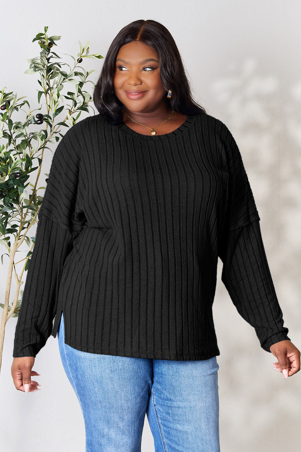 Basic Bae Full Size Ribbed Round Neck Slit Knit Top | Gulf Resellers
