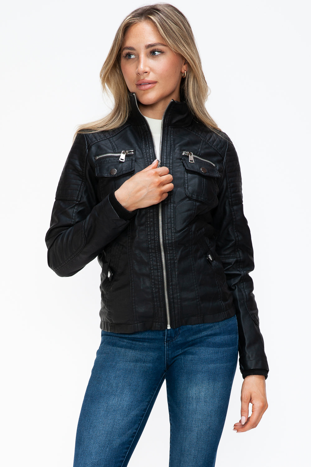 YMI Removable Faux Layered Multi-Pocket Jacket with Fuzzy Hood 15825 | Gulf Resellers