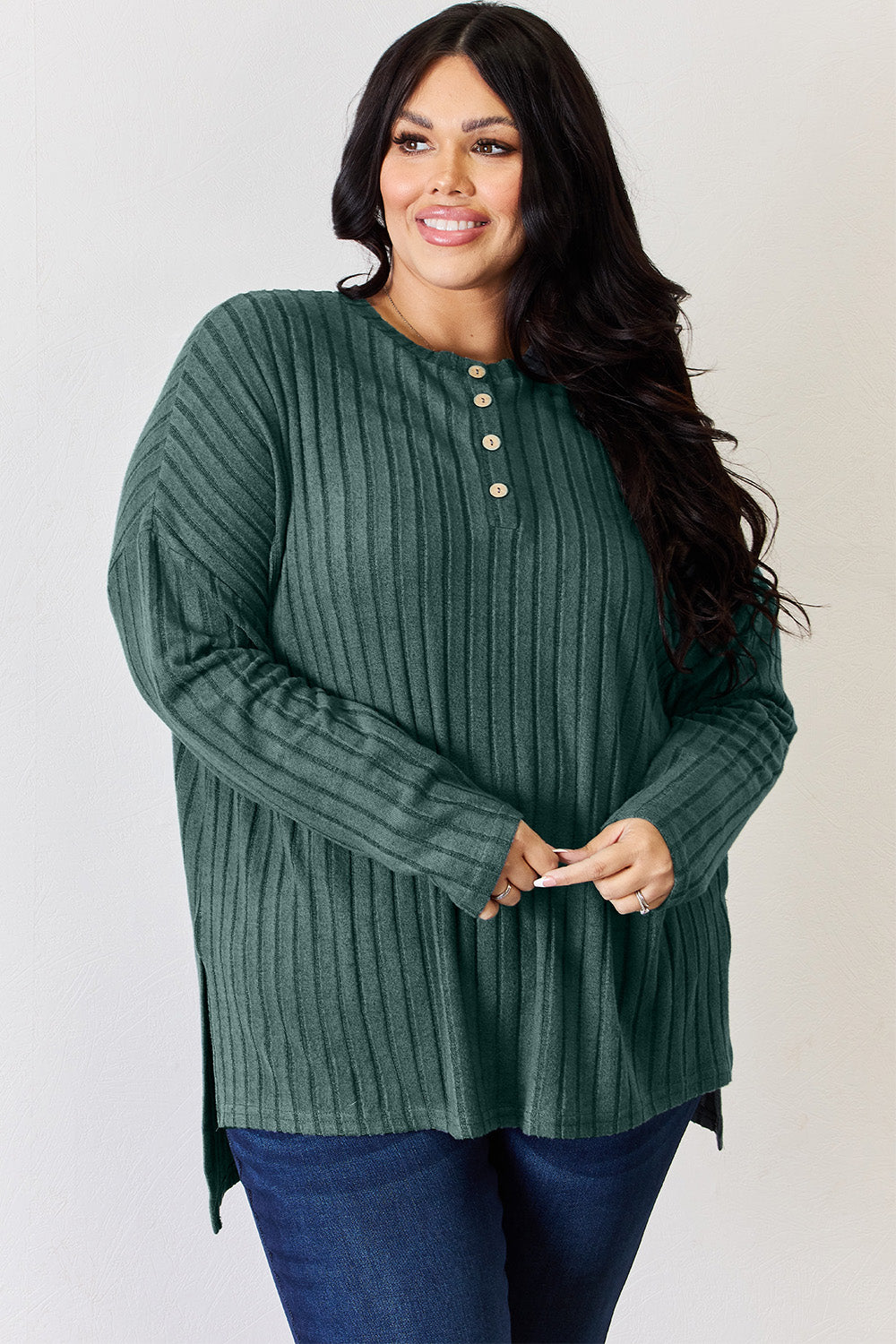 Basic Bae Full Size Ribbed Half Button Long Sleeve High-Low T-Shirt | Gulf Resellers