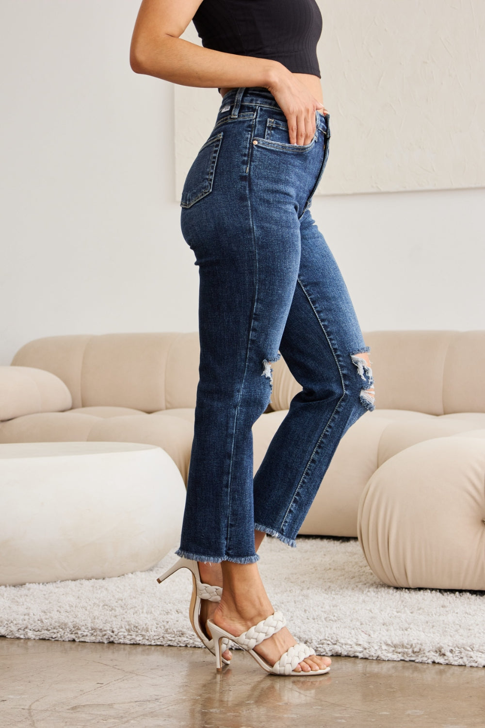 RFM Crop Dylan Full Size Tummy Control Distressed High Waist Raw Hem Jeans 4918 | Gulf Resellers
