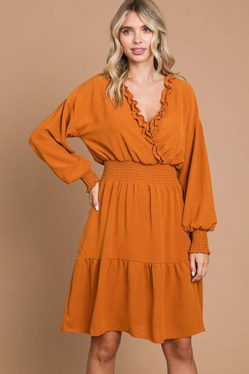 Culture Code Full Size Frill Smocked Lantern Sleeve Mini Dress 5240 | Gulf Resellers