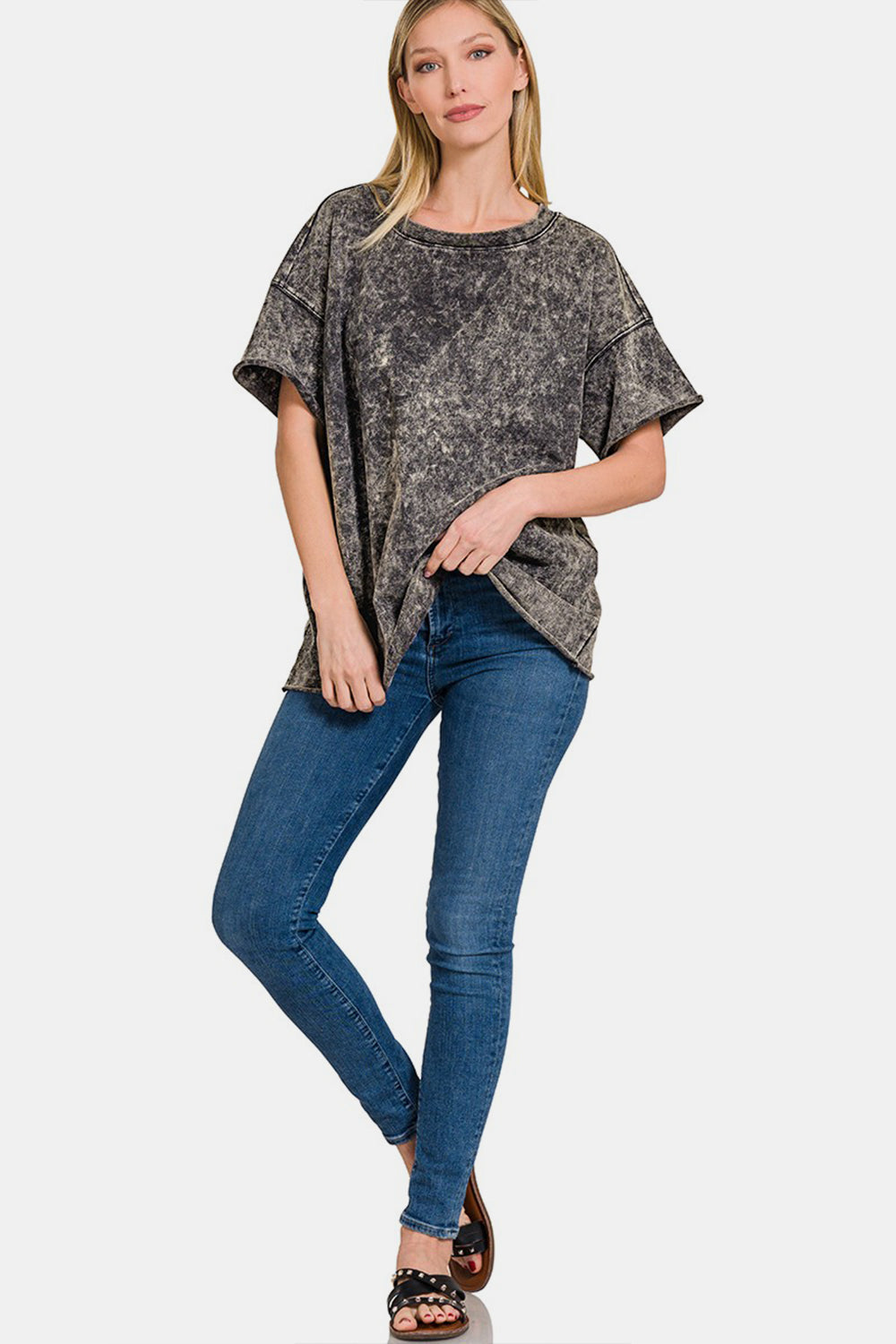 Zenana Rolled Round Neck Short Sleeve T-Shirt 5711 | Gulf Resellers