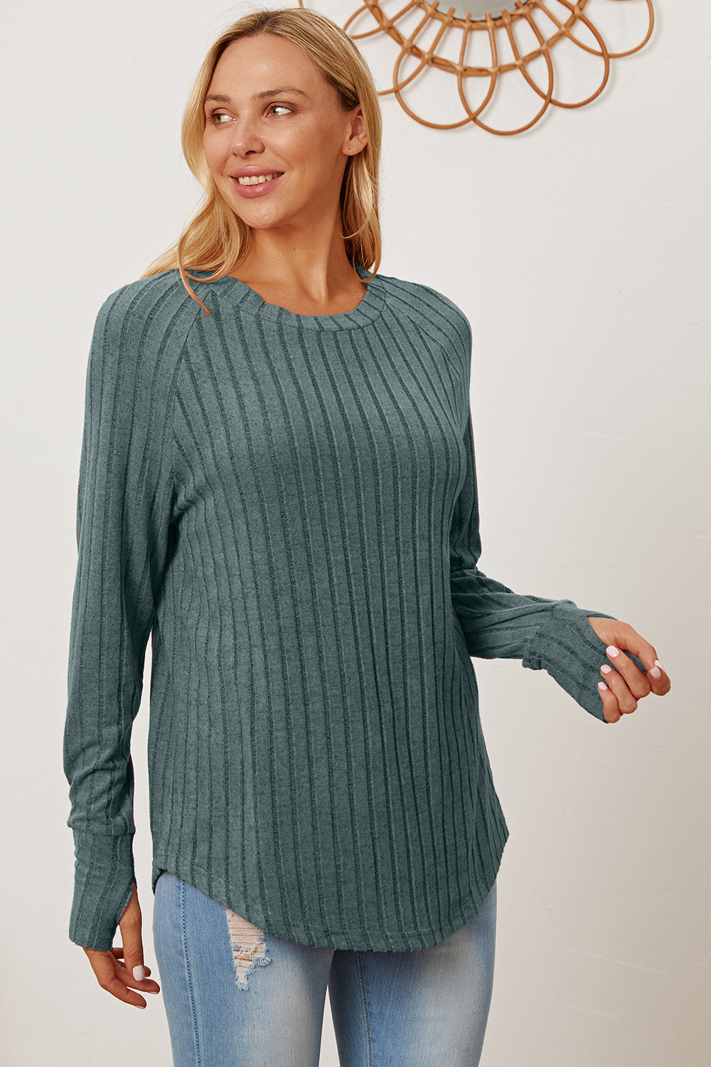 Basic Bae Full Size Ribbed Thumbhole Sleeve T-Shirt | Gulf Resellers