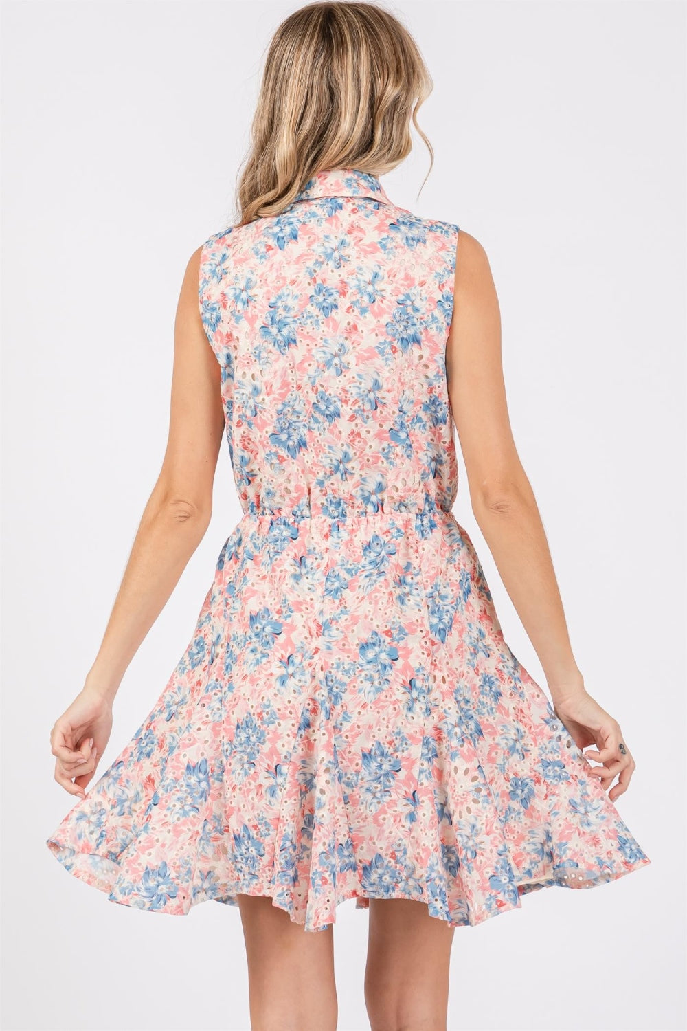 GeeGee Full Size Floral Eyelet Sleeveless Mini Dress 5194 | Gulf Resellers