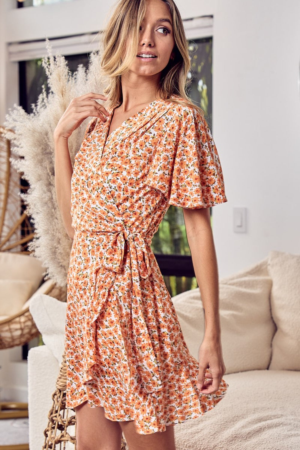 BiBi Floral Tied Short Sleeve Mini Wrap Dress 6474 | Gulf Resellers