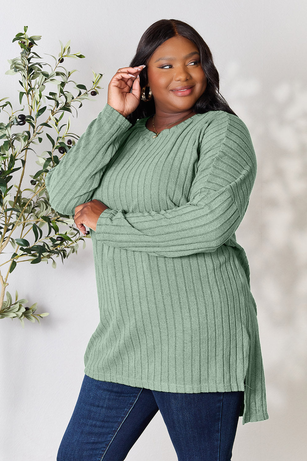Basic Bae Full Size Ribbed Round Neck Long Sleeve Slit Top | Gulf Resellers