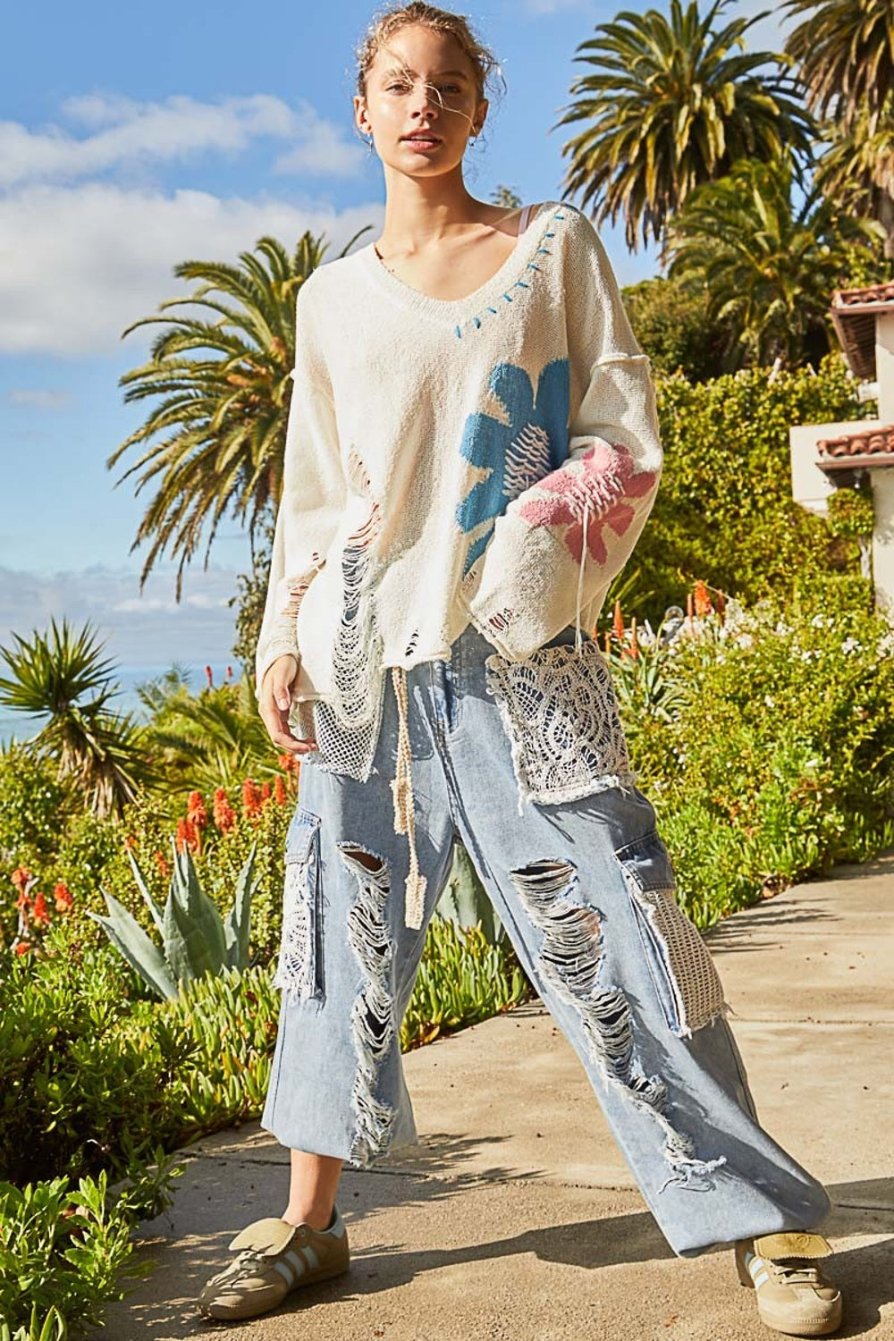 POL Distressed Flower V-Neck Dropped Shoulder Knit Top 8381 | Gulf Resellers