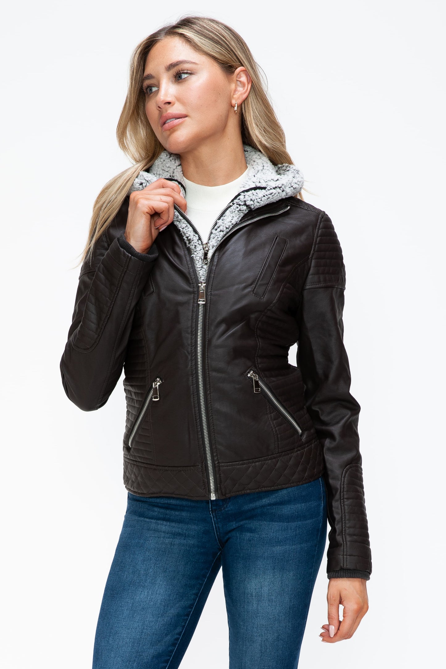YMI Faux Layered Double-Zipper Jacket with Fuzzy Hood 15964 | Gulf Resellers