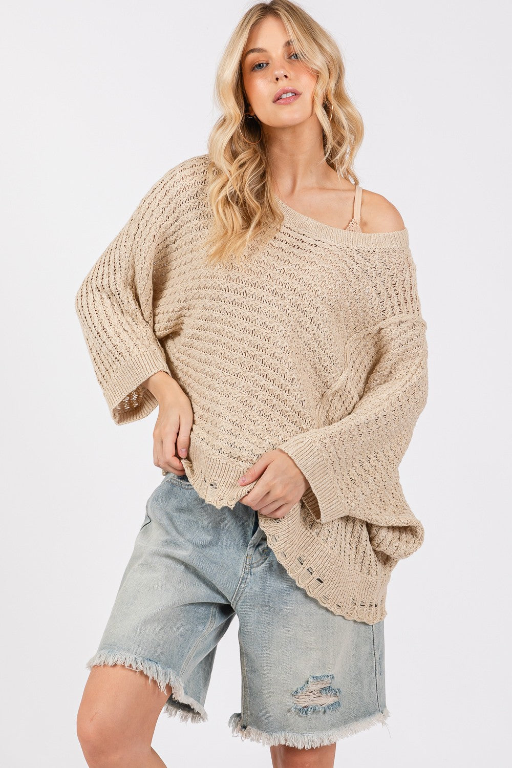 SAGE + FIG Distressed Asymmetrical Open Stitch Sweater 9136 | Gulf Resellers