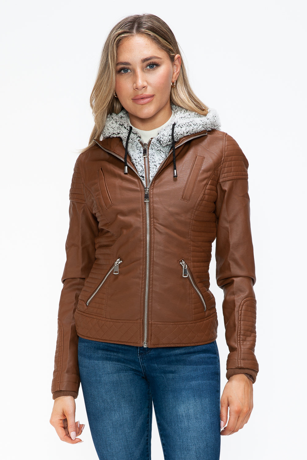 YMI Faux Layered Double-Zipper Jacket with Fuzzy Hood 15586 | Gulf Resellers