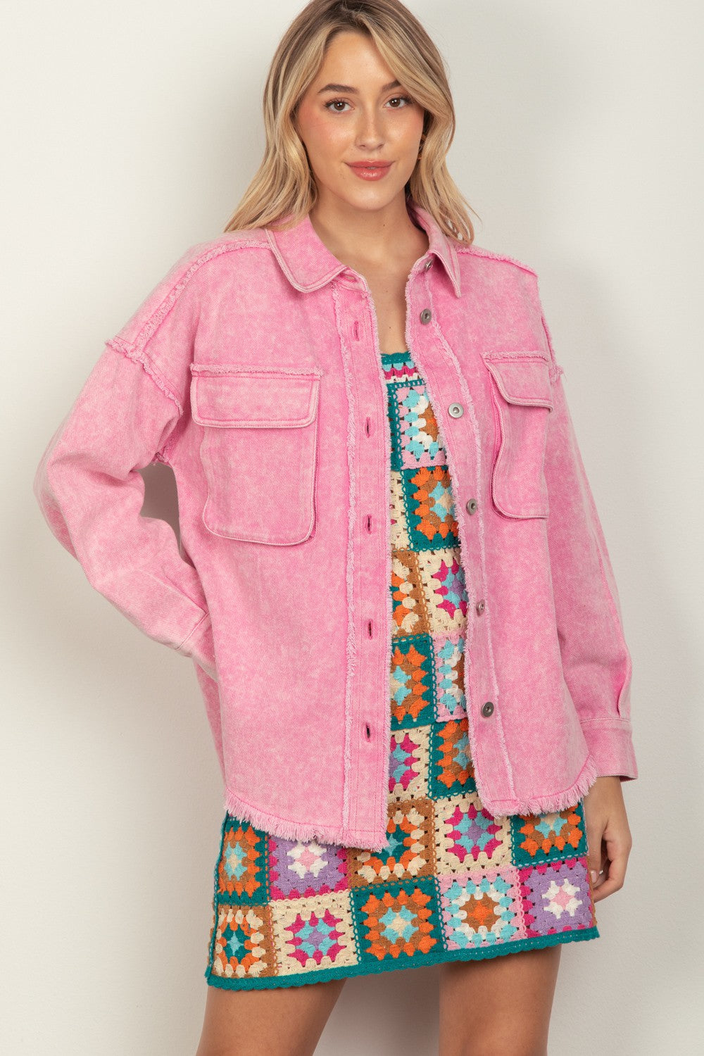 VERY J Full Size Button Up Raw Hem Long Sleeve Jacket 13352 | Gulf Resellers