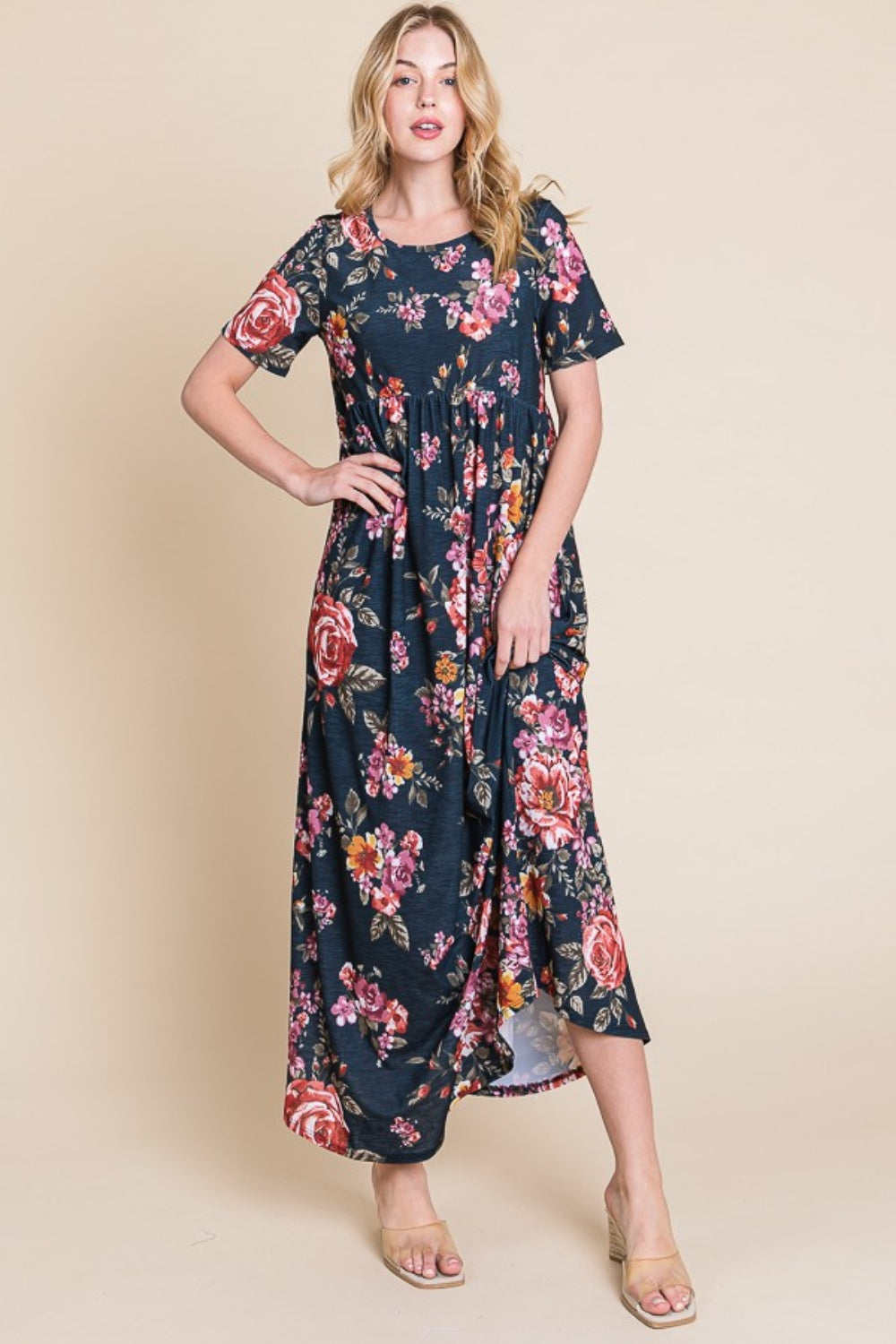 BOMBOM Floral Short Sleeve Maxi Dress 9649 | Gulf Resellers