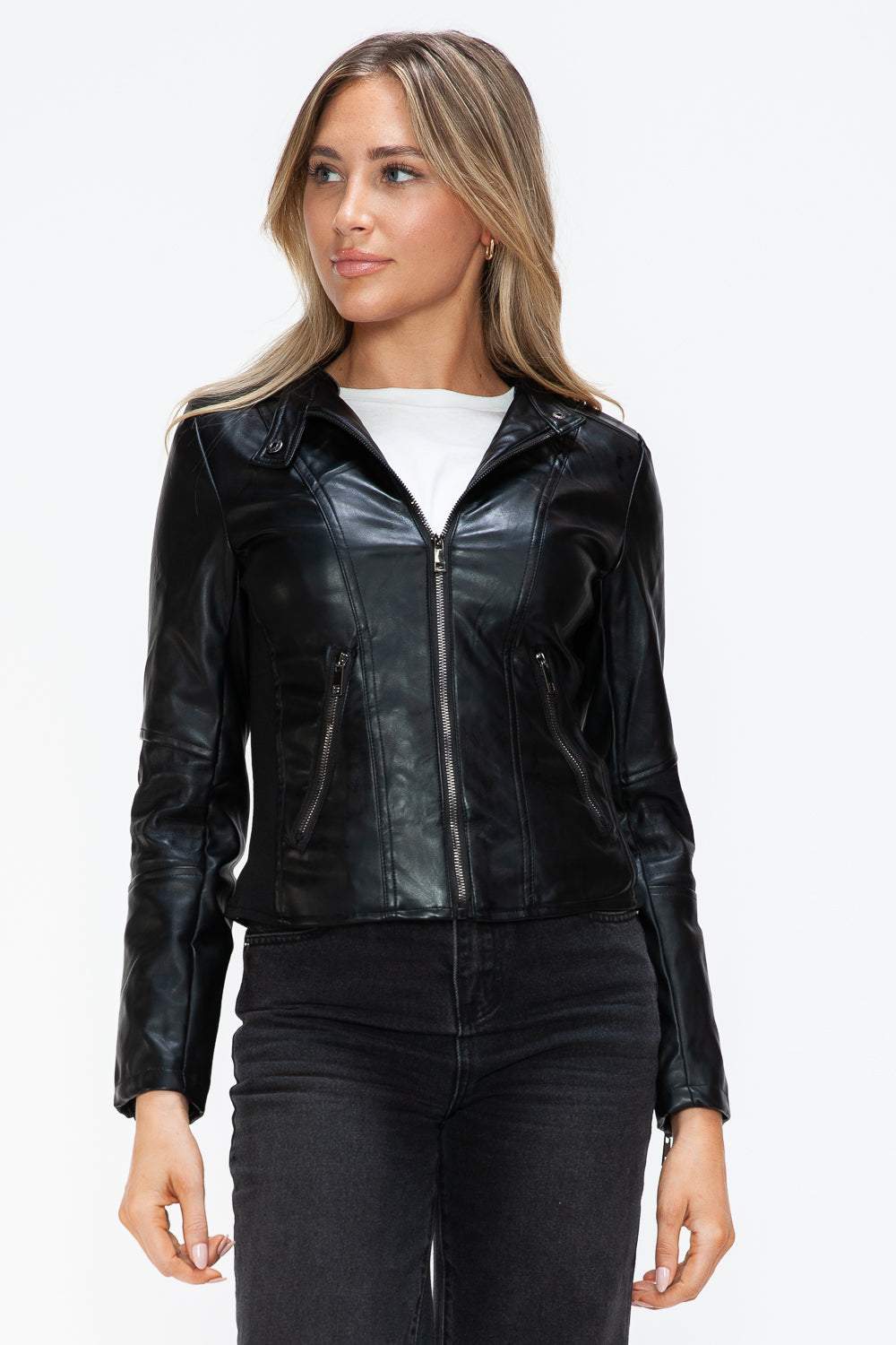 Snobbish Faux Leather Zip Up Drawstring Hooded Jacket 15931 | Gulf Resellers