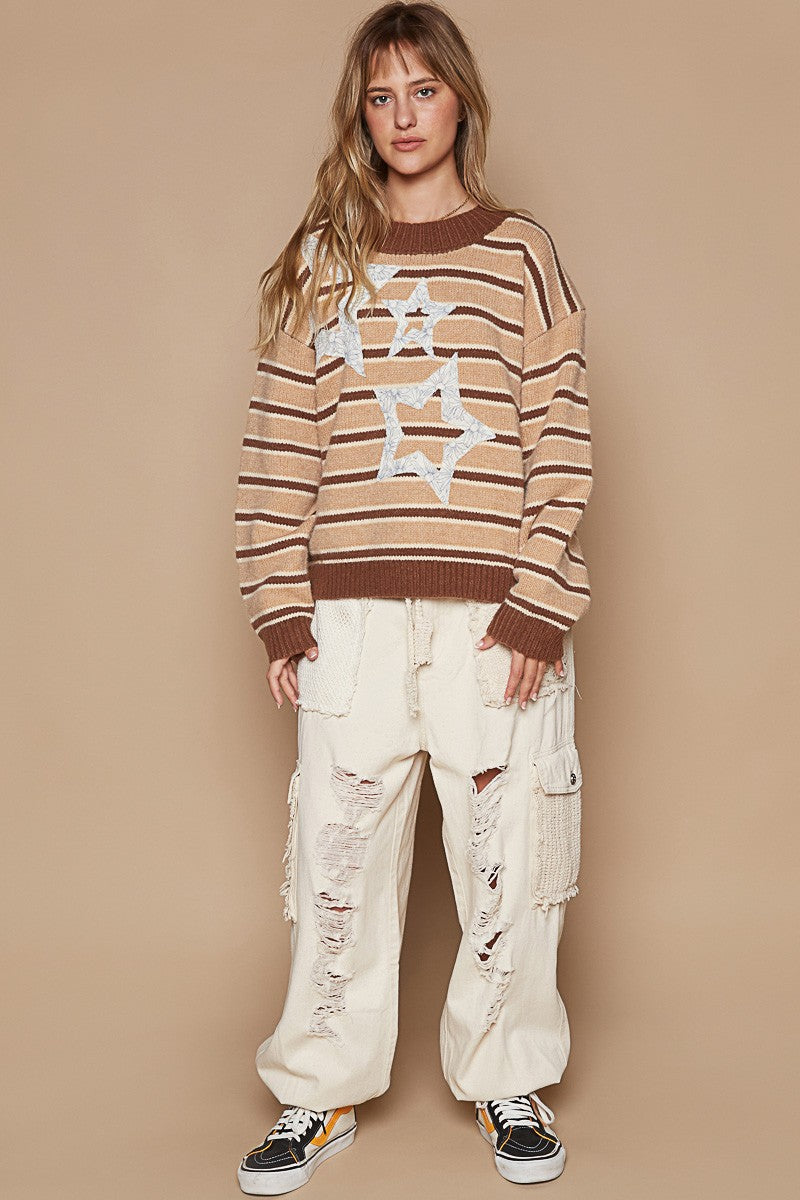 POL Star Patch Stripe Round Neck Sweater 8905 | Gulf Resellers