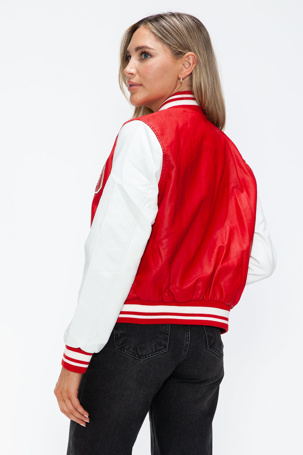 Love Me Now PU Leather Contrast Snap Down Bomber Jacket 15744 | Gulf Resellers