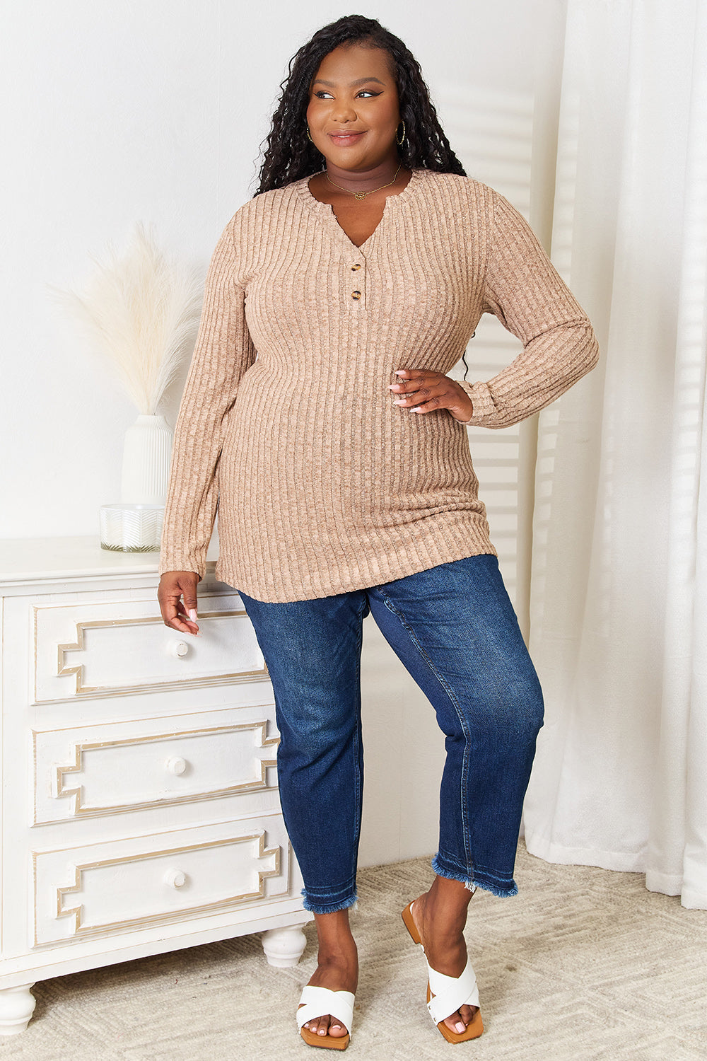 Double Take Notched Neck Ribbed Long Sleeve T-Shirt | Gulf Resellers