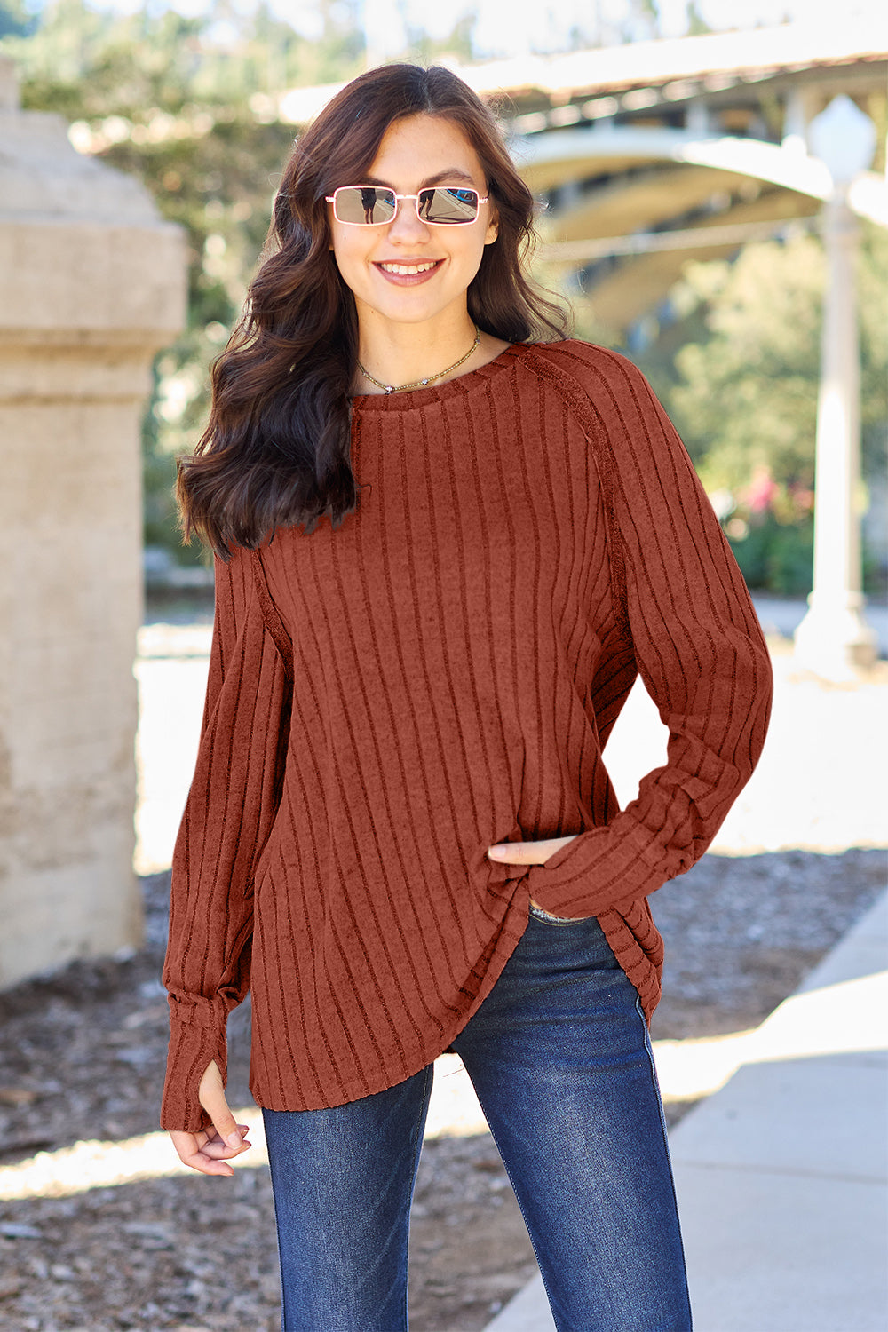Basic Bae Full Size Ribbed Round Neck Long Sleeve Knit Top | Gulf Resellers