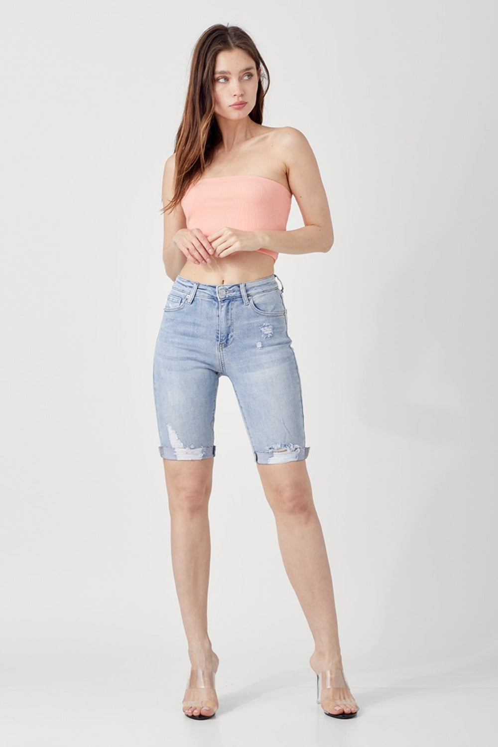 RISEN High Rise Distressed Denim Bermuda Shorts 14202 | Gulf Resellers