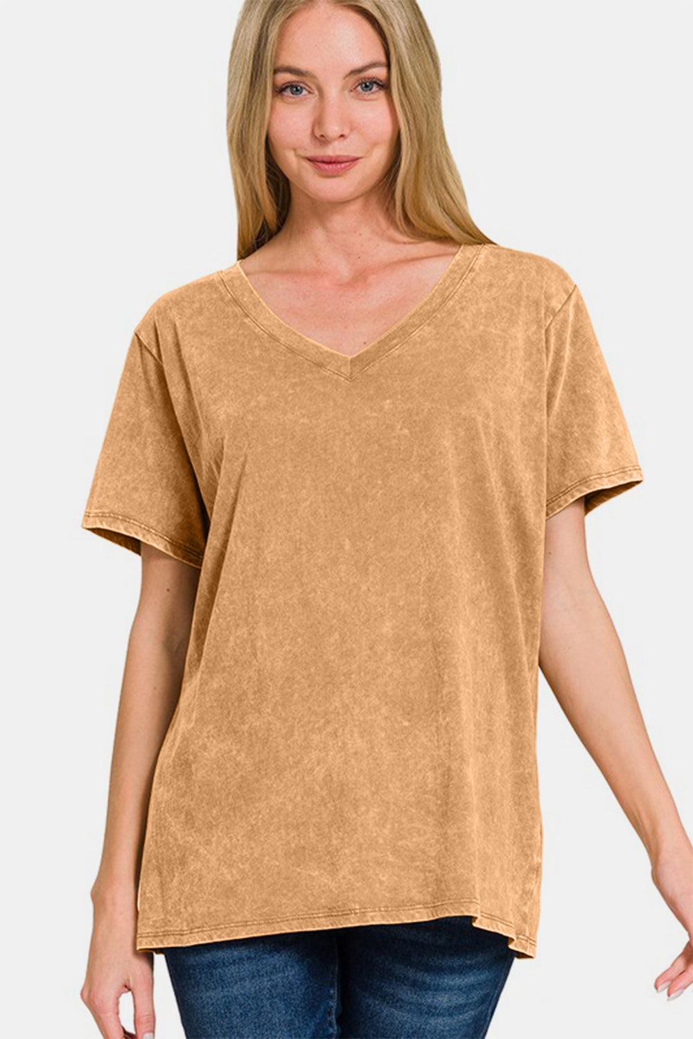 Zenana Full Size Washed Short Sleeve V-Neck T-Shirt 18439 | Gulf Resellers