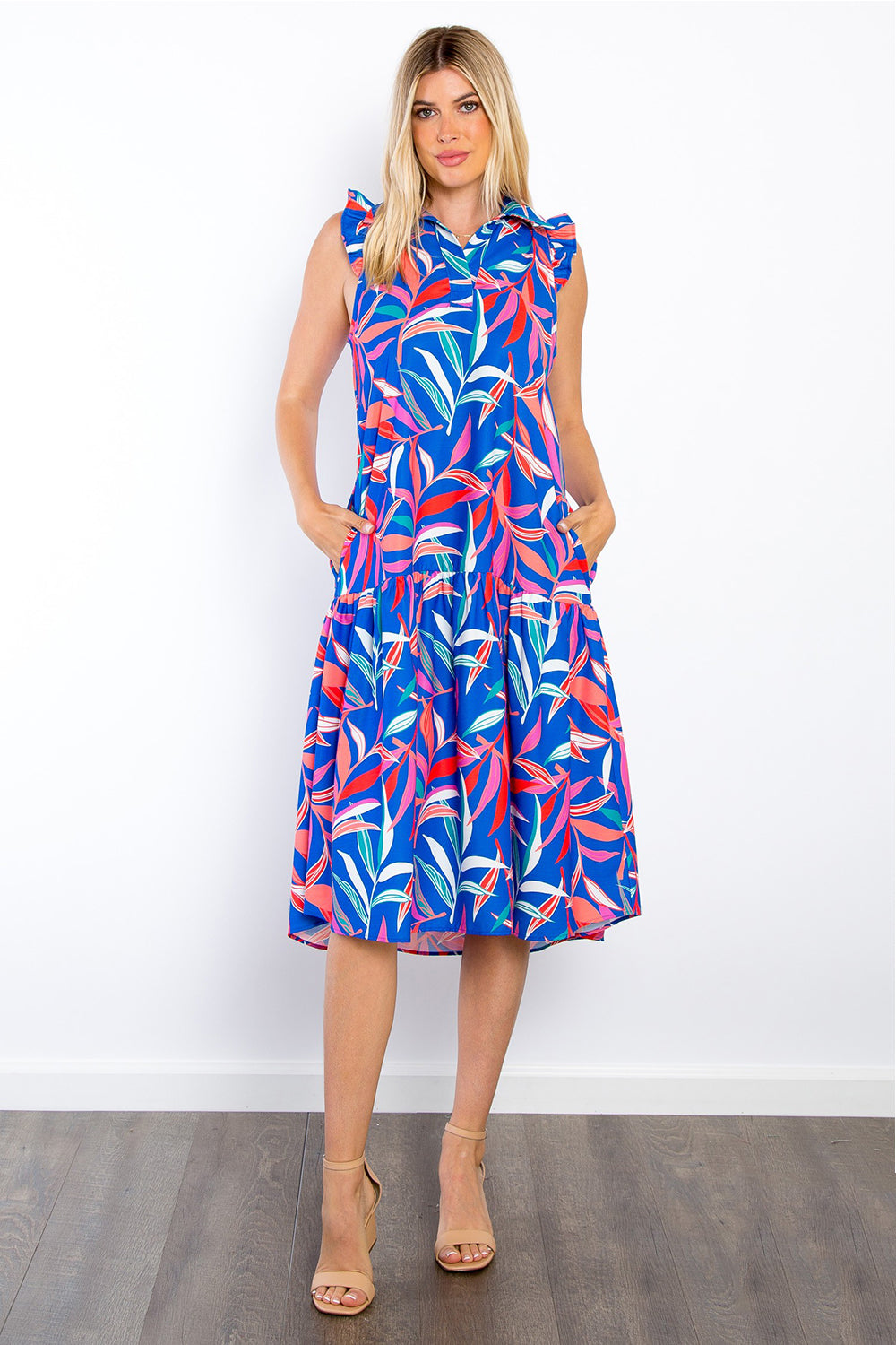 Be Stage Print Ruffled Midi Dress with Pockets 7736 | Gulf Resellers