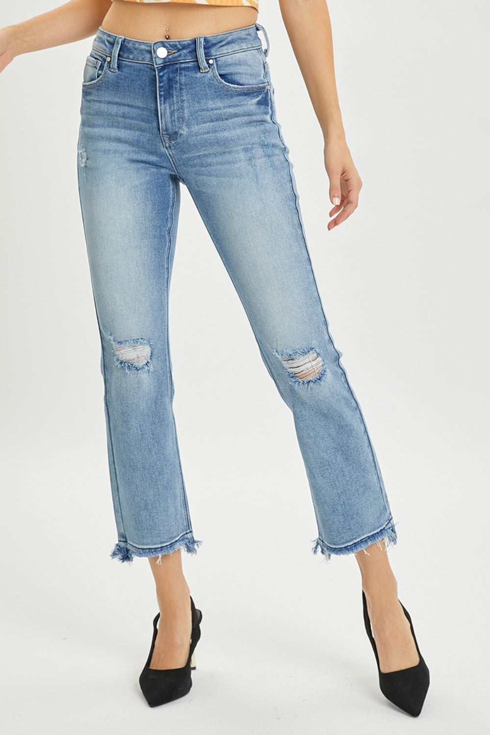RISEN Full Size High Rise Distressed Cropped Straight Jeans 5091 | Gulf Resellers