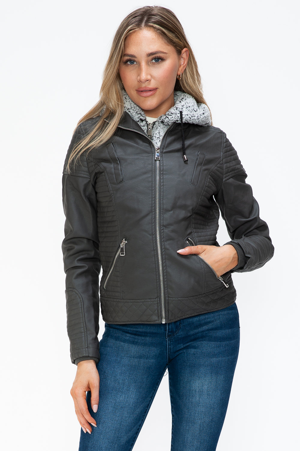 YMI Faux Layered Double-Zipper Jacket with Fuzzy Hood 15382 | Gulf Resellers