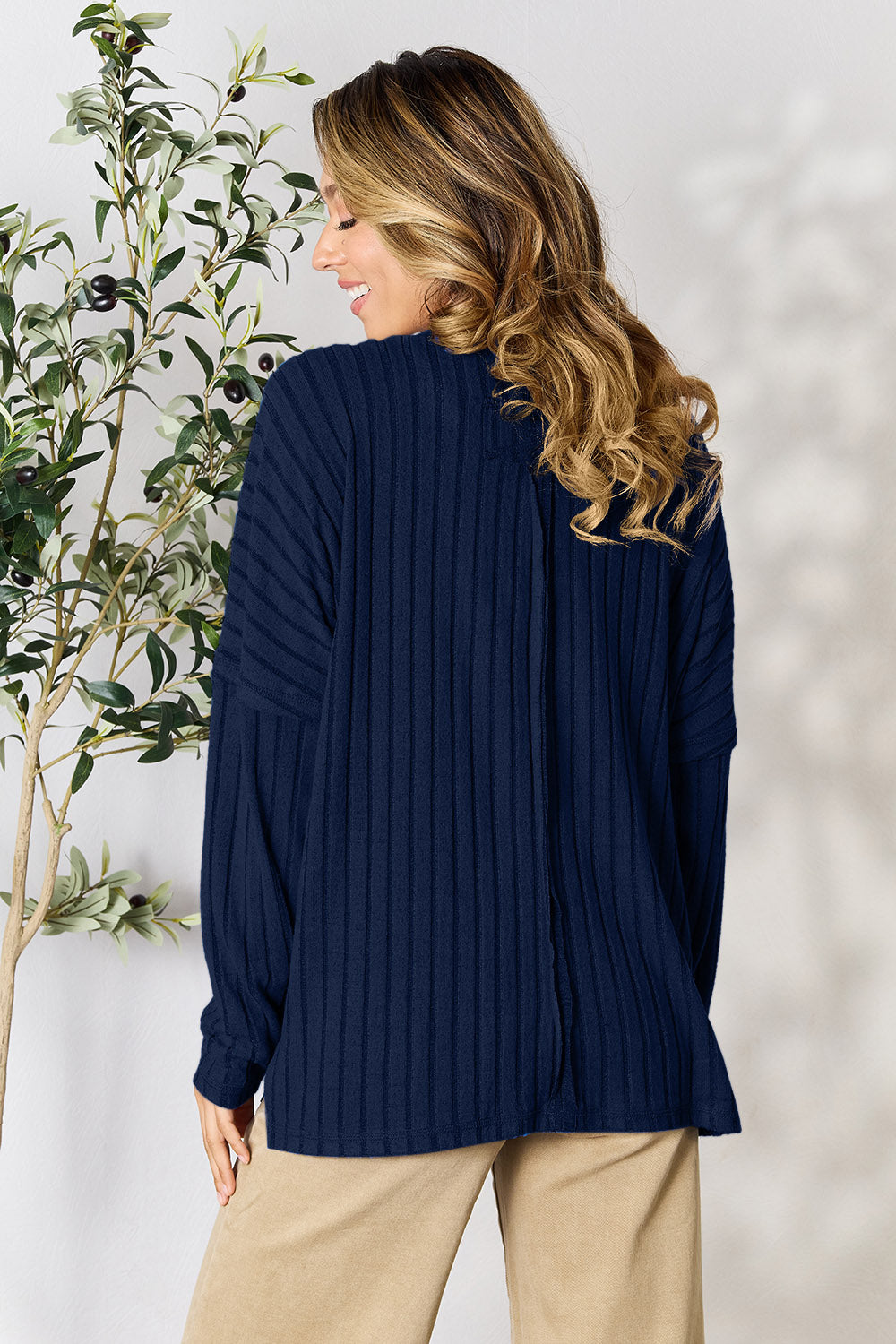 Basic Bae Full Size Ribbed Round Neck Slit Knit Top | Gulf Resellers