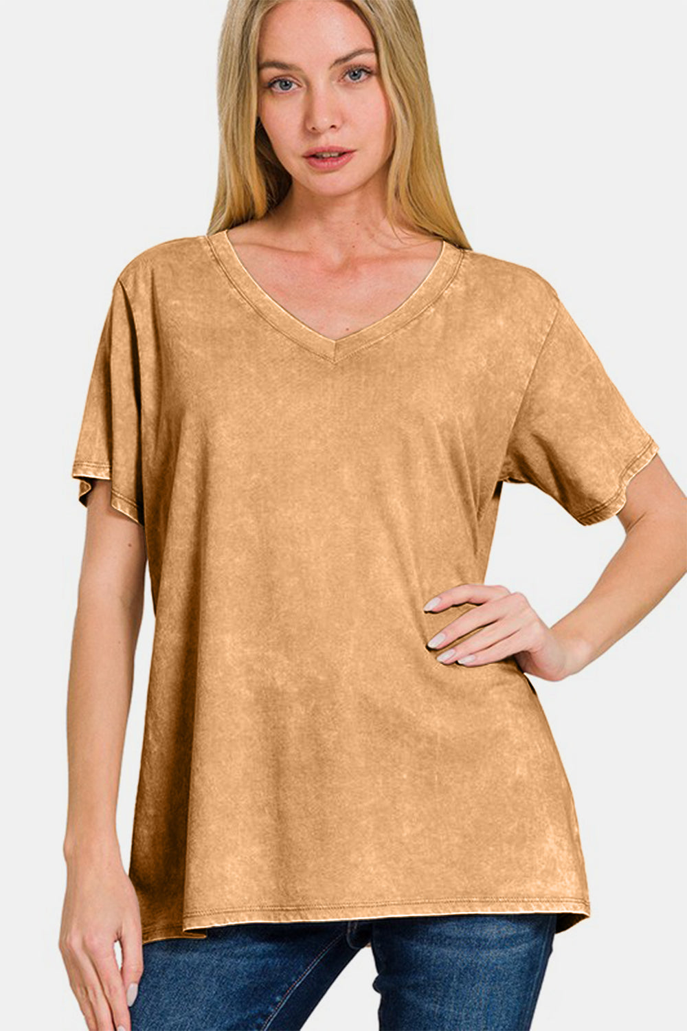 Zenana Full Size Washed Short Sleeve V-Neck T-Shirt 18438 | Gulf Resellers