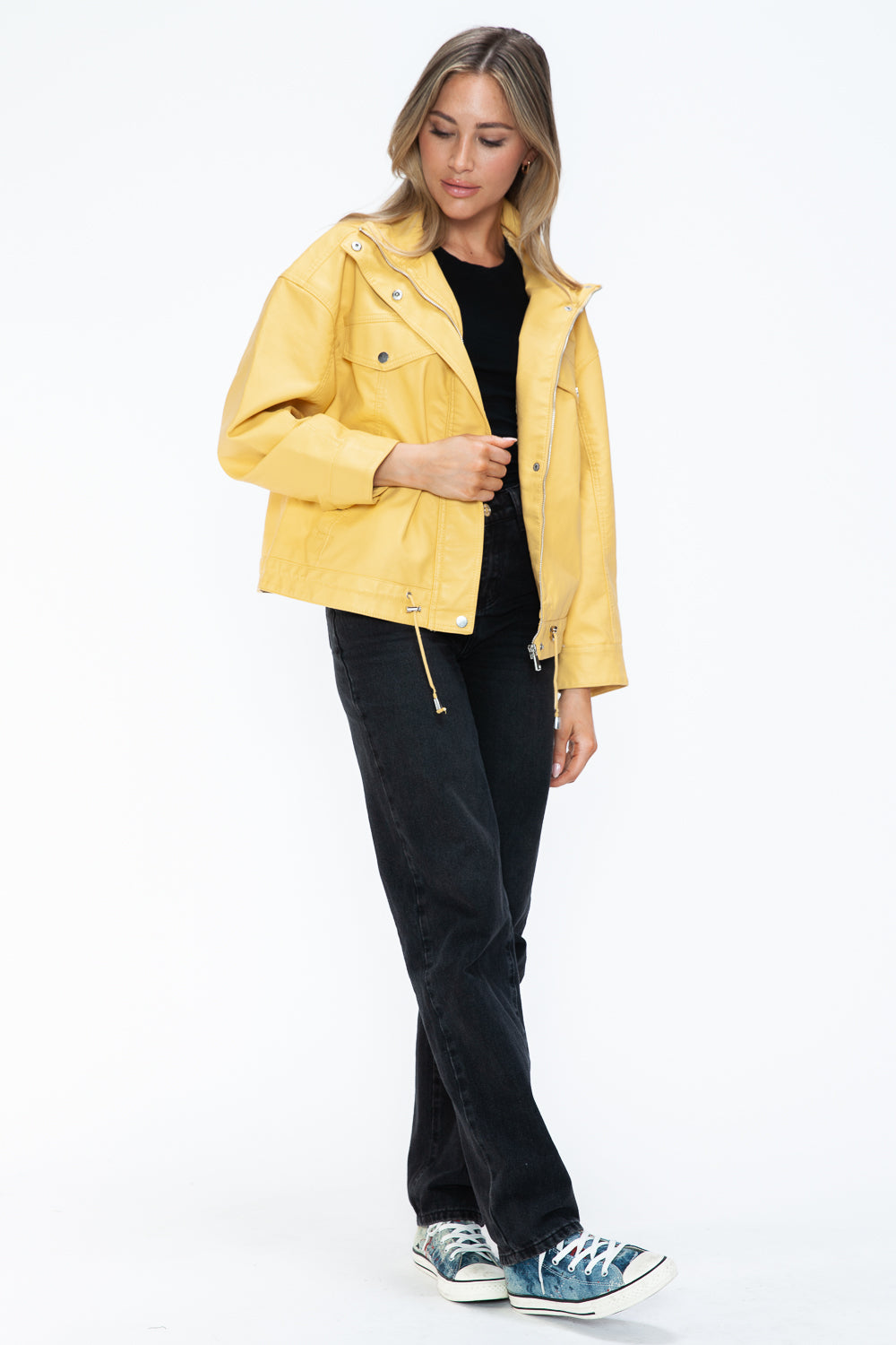 How Dare U Drawstring Hem PU Leather Zip Up Jacket 15673 | Gulf Resellers