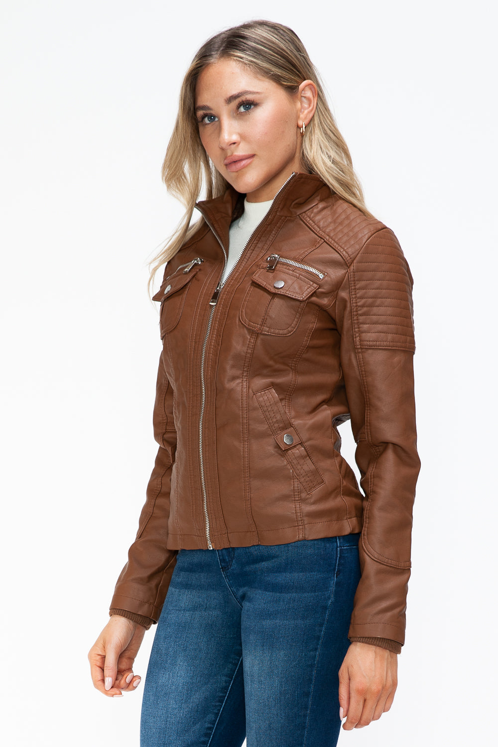YMI Removable Faux Layered Multi-Pocket Jacket with Fuzzy Hood 15800 | Gulf Resellers
