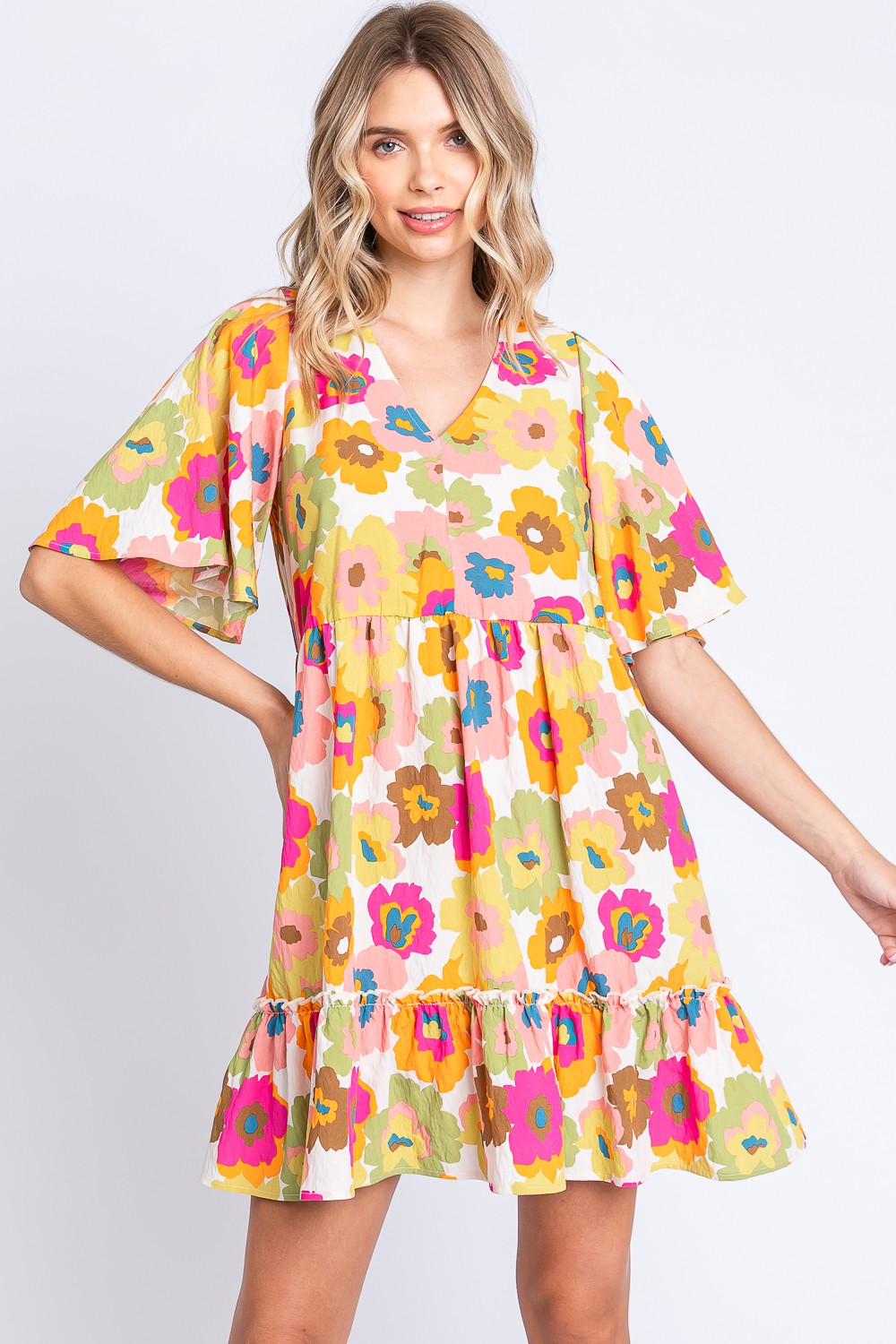 GeeGee Full Size Floral V-Neck Ruffle Trim Mini Dress 5430 | Gulf Resellers