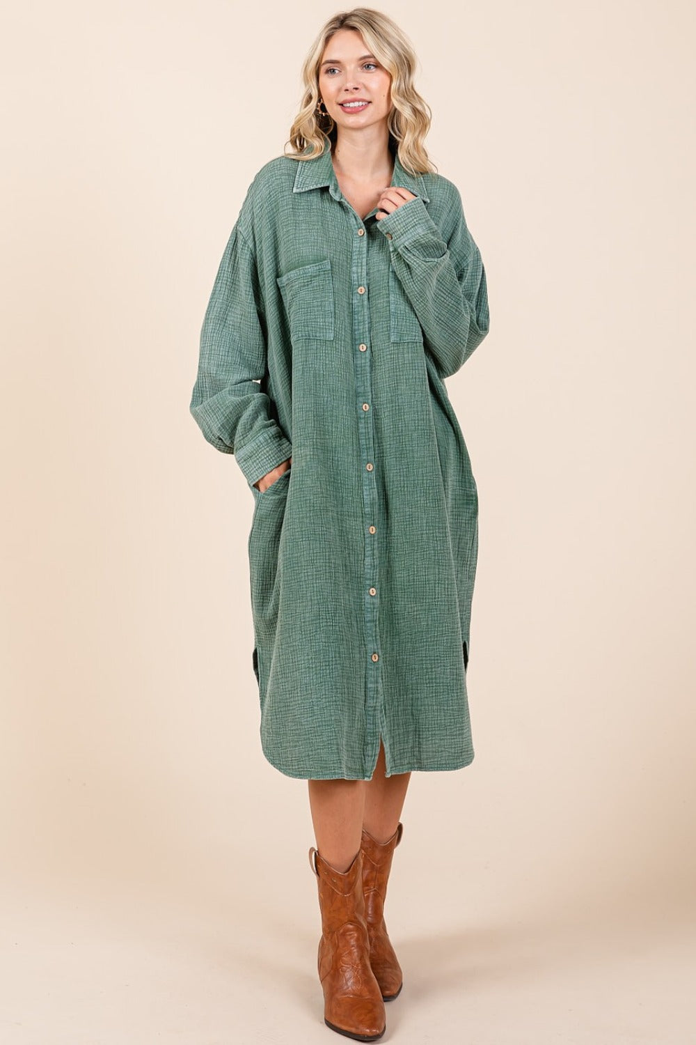 Mittoshop Mineral Wash Cotton Gauze Midi Shirt Dress 9490 | Gulf Resellers
