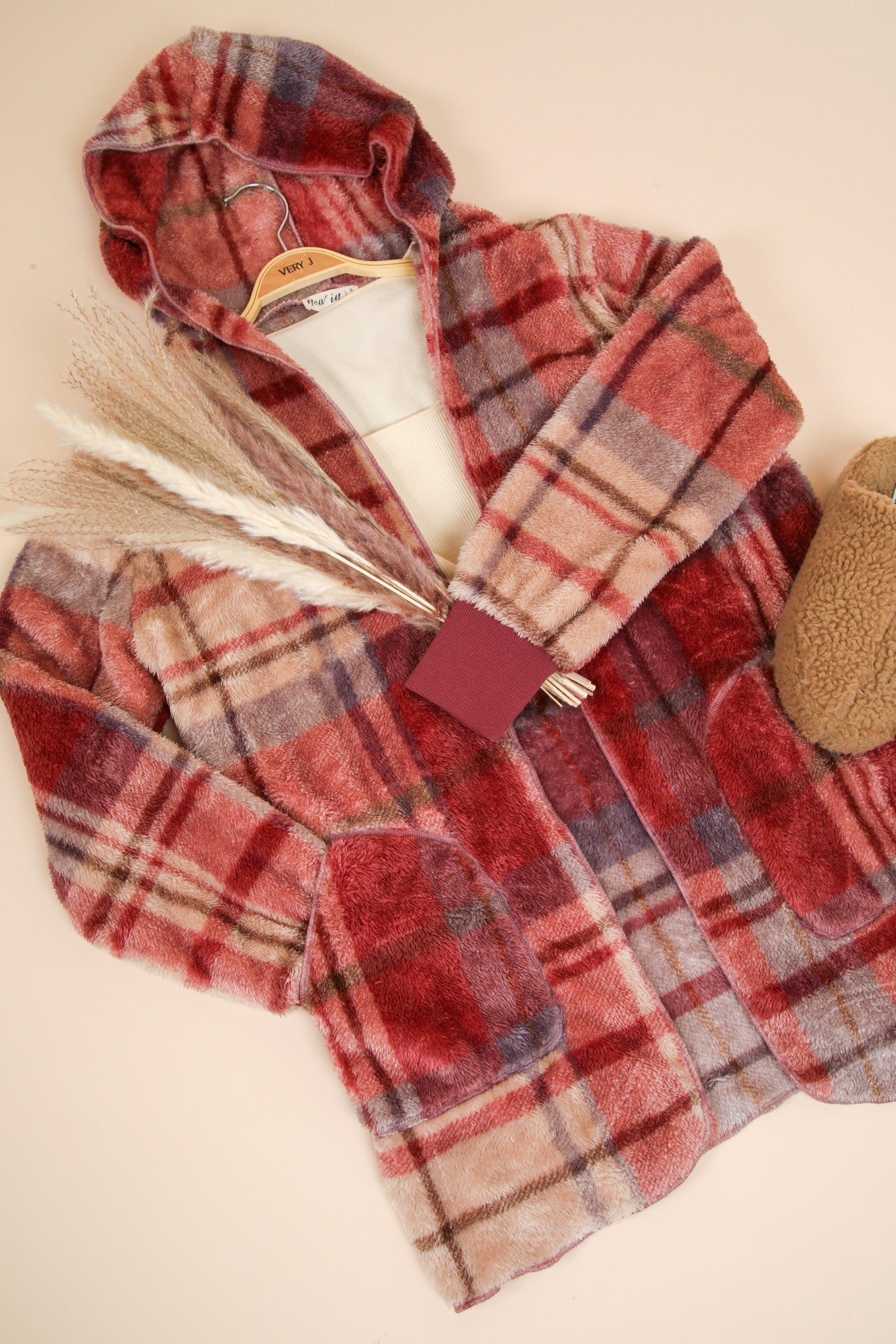 VERY J Fuzzy Plaid Long Sleeve Hooded Jacket 13271 | Gulf Resellers