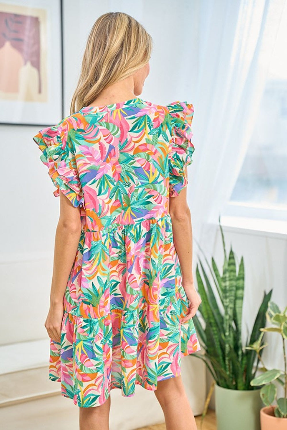 First Love Ruffled Printed Notched Cap Sleeve Dress 5413 | Gulf Resellers