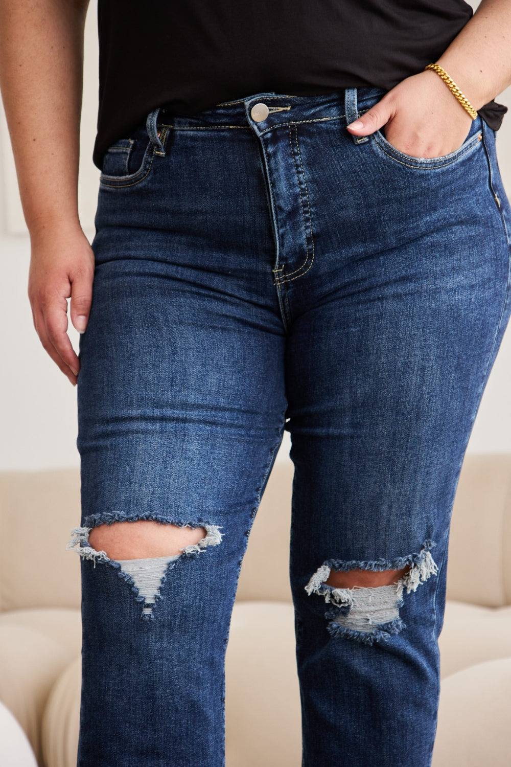 RFM Crop Dylan Full Size Tummy Control Distressed High Waist Raw Hem Jeans 4930 | Gulf Resellers