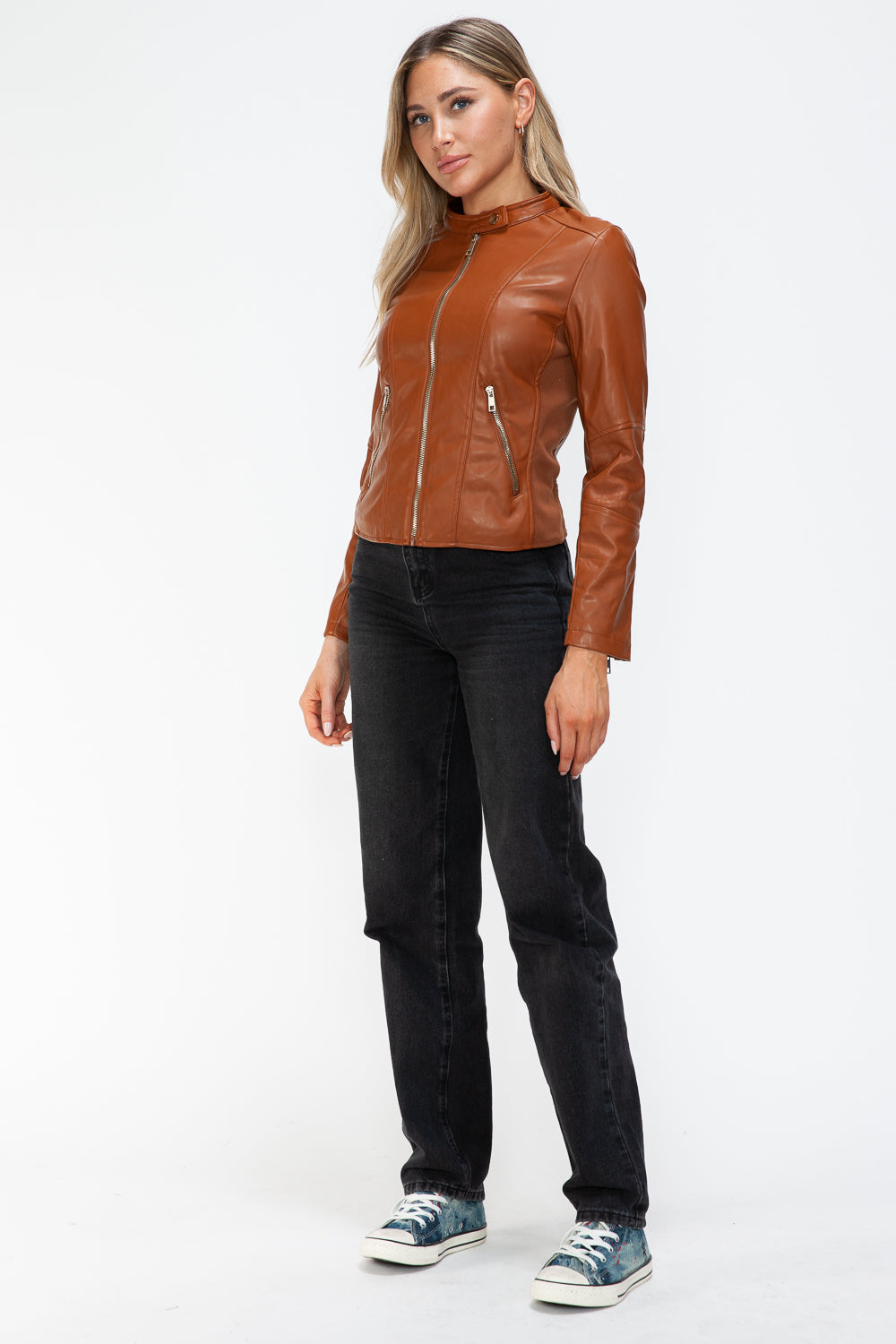 Snobbish Faux Leather Zip Up Drawstring Hooded Jacket 16021 | Gulf Resellers