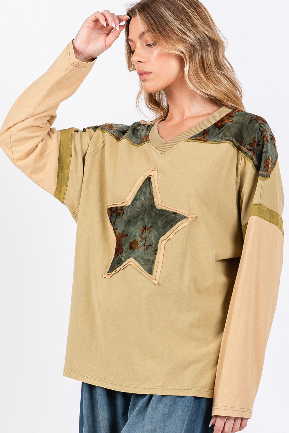 SAGE + FIG Star Patch Long Sleeve Color Block T-Shirt 18378 | Gulf Resellers