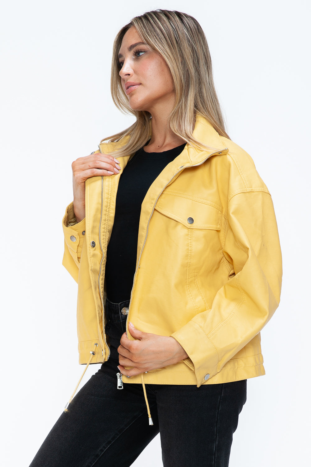 How Dare U Drawstring Hem PU Leather Zip Up Jacket 15675 | Gulf Resellers