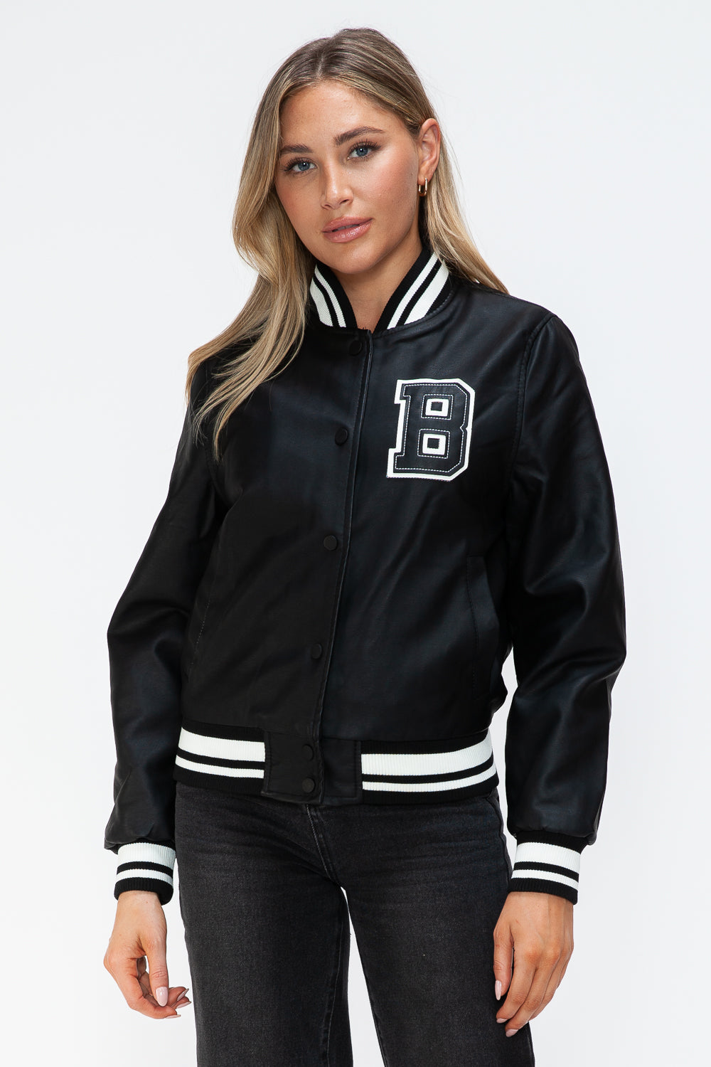 Love Me Now PU Leather Contrast Snap Down Bomber Jacket 15310 | Gulf Resellers