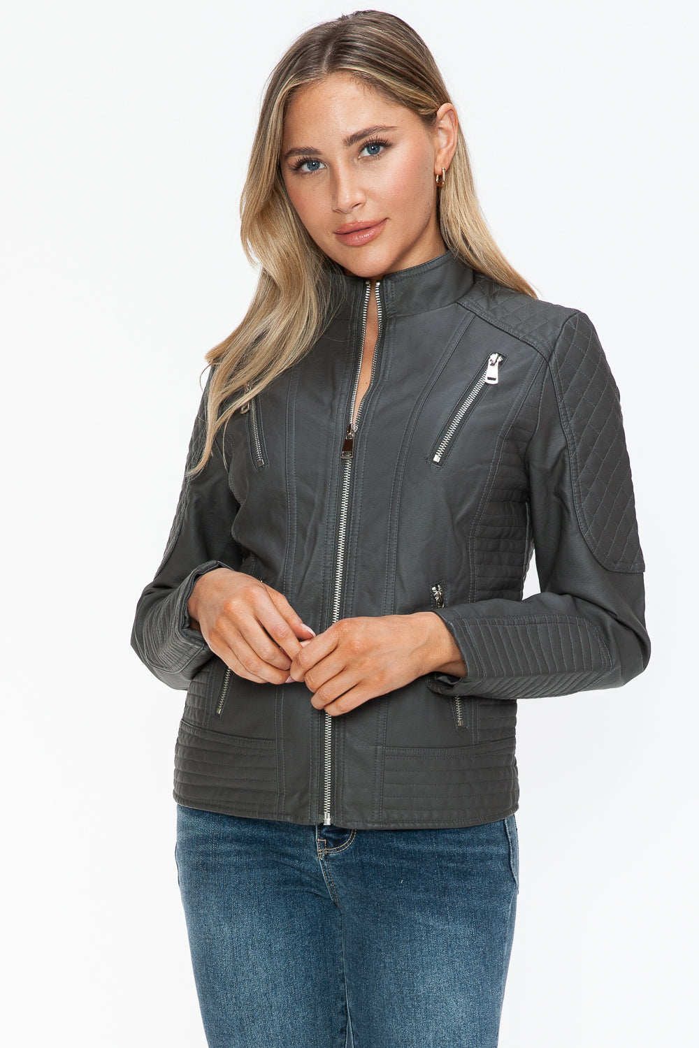 Snobbish Faux Leather Zip Up Mock Neck Jacket 15220 | Gulf Resellers
