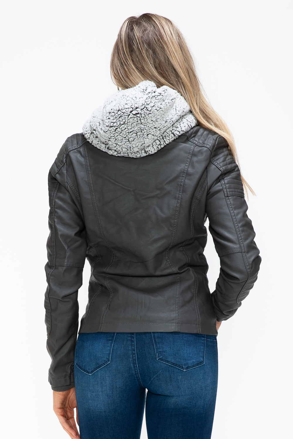 YMI Removable Faux Layered Multi-Pocket Jacket with Fuzzy Hood 15244 | Gulf Resellers