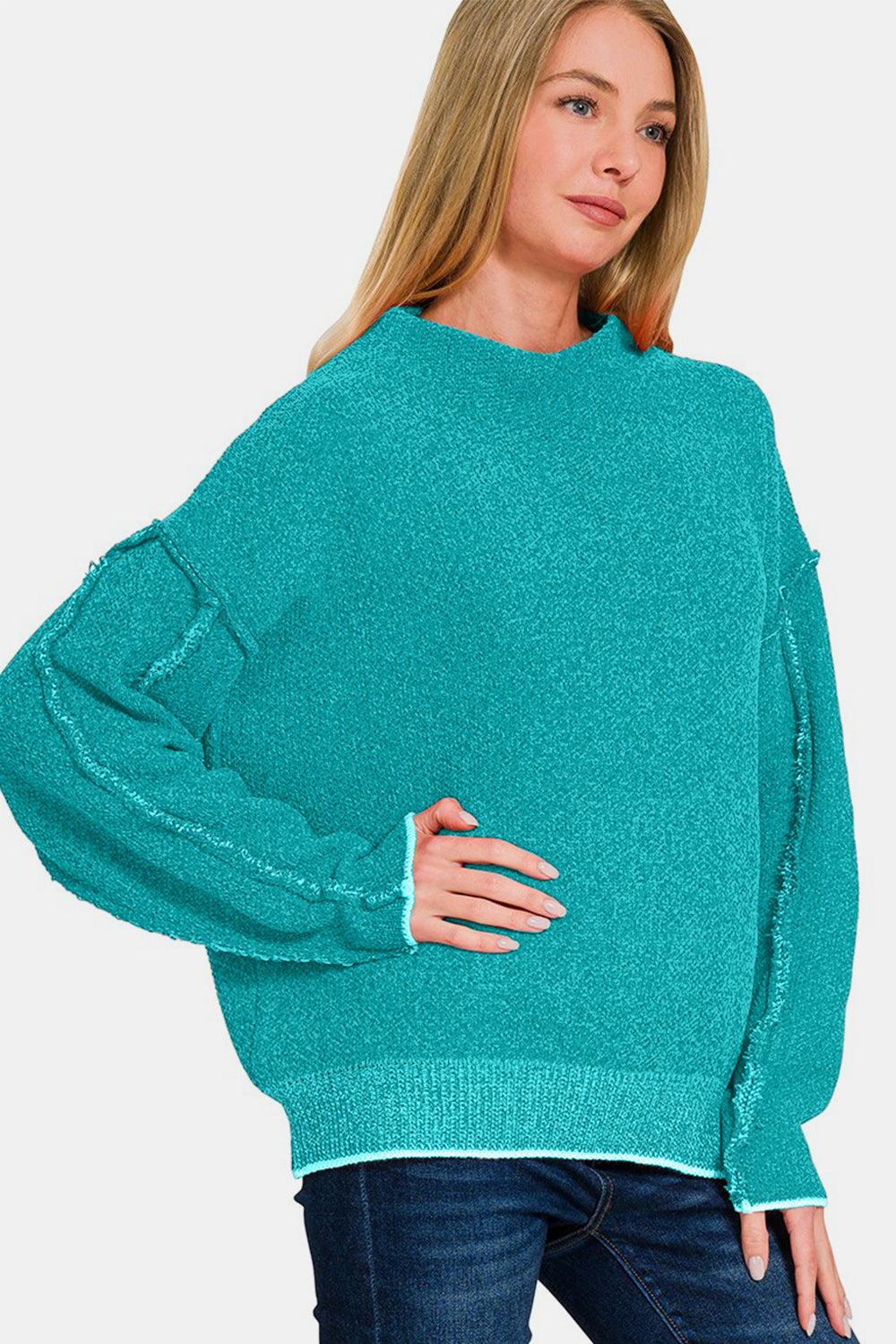 Zenana Exposed Seam Mock Neck Long Sleeve Sweater 11708 | Gulf Resellers