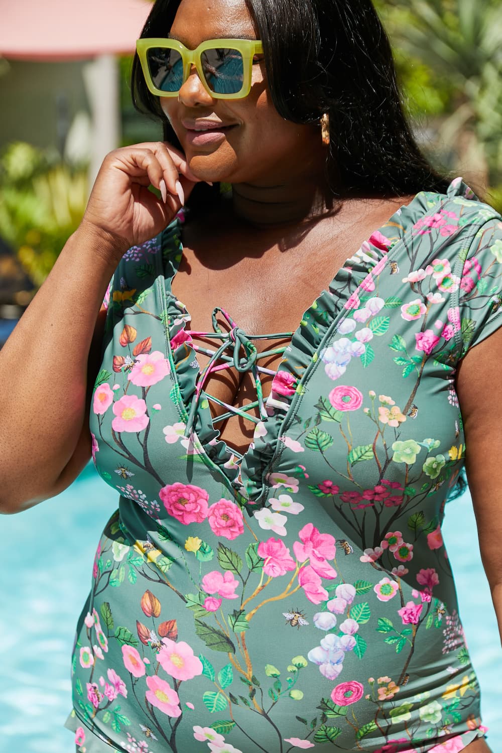 Marina West Swim Bring Me Flowers V-Neck One Piece Swimsuit In Sage | Gulf Resellers