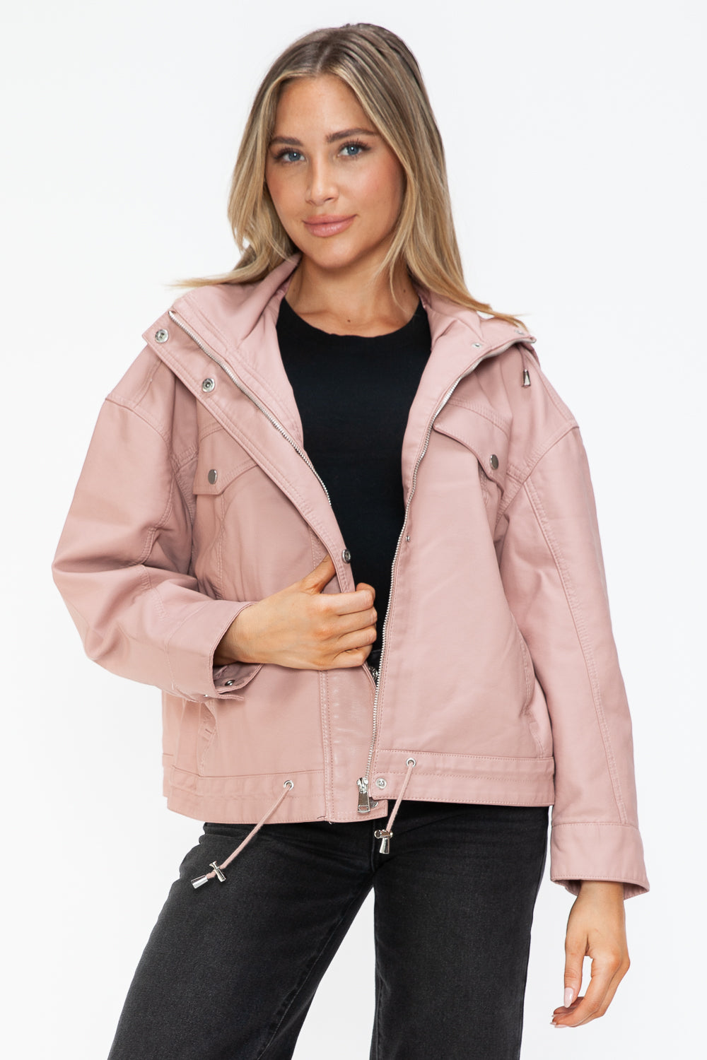 How Dare U Drawstring Hem PU Leather Zip Up Jacket 15549 | Gulf Resellers