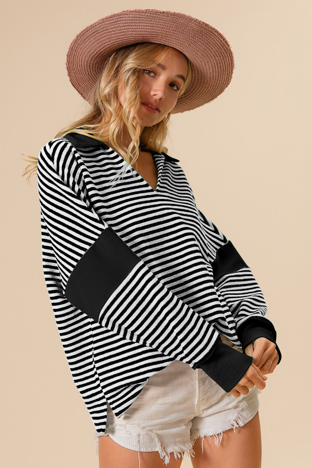 BiBi Striped Contrast Long Sleeve Knit Top 8228 | Gulf Resellers