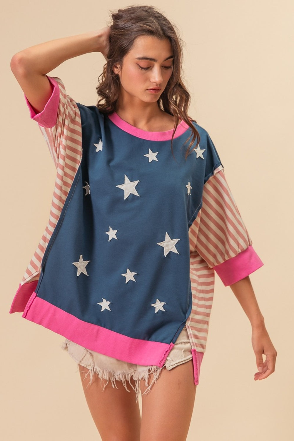 BiBi US Flag Theme Color Block Star Patch T-Shirt 8001 | Gulf Resellers